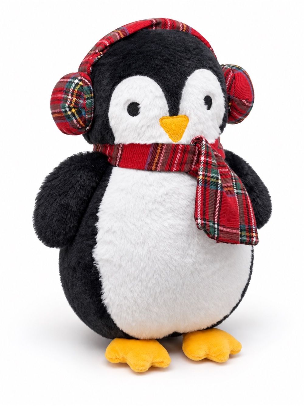 Gund Black, White & Yellow Penguin Plush with Red Plaid Scarf and Earmuffs